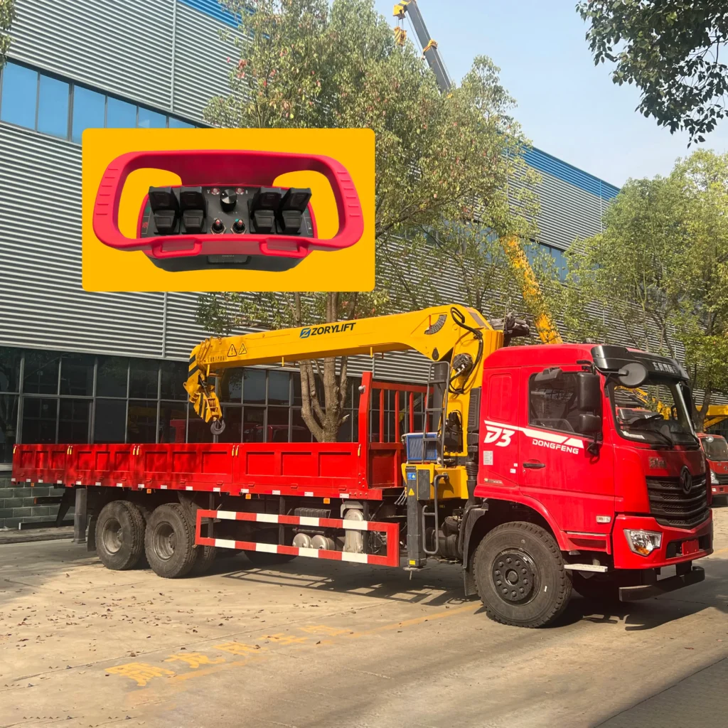 Red Dongfeng D3 truck equipped with a ZORYLIFT radio controlled telescopic boom crane (lorry mounted crane), customer order showing the remote control unit.